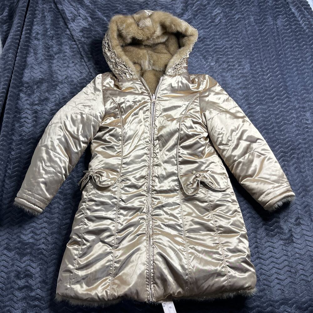 The Childrens Place Girls Gold satin tan Faux Fur reversible Jacket Size M 7/8